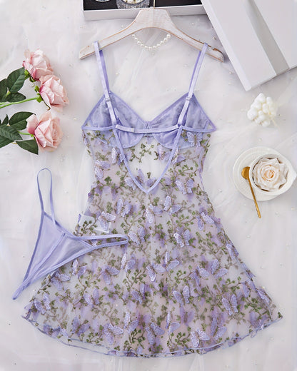 Women's Sexy Butterfly Embroidery Mesh Suspender Nightdress and Thong Set