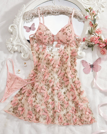 Women's Sexy Butterfly Embroidery Mesh Suspender Nightdress and Thong Set