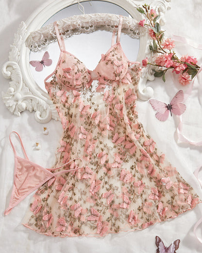 Women's Sexy Butterfly Embroidery Mesh Suspender Nightdress and Thong Set