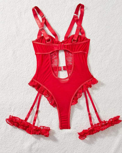 Sexy Lace Mesh Backless Ruffled Decoration Hollow Ring Buckle One-Piece Pajamas