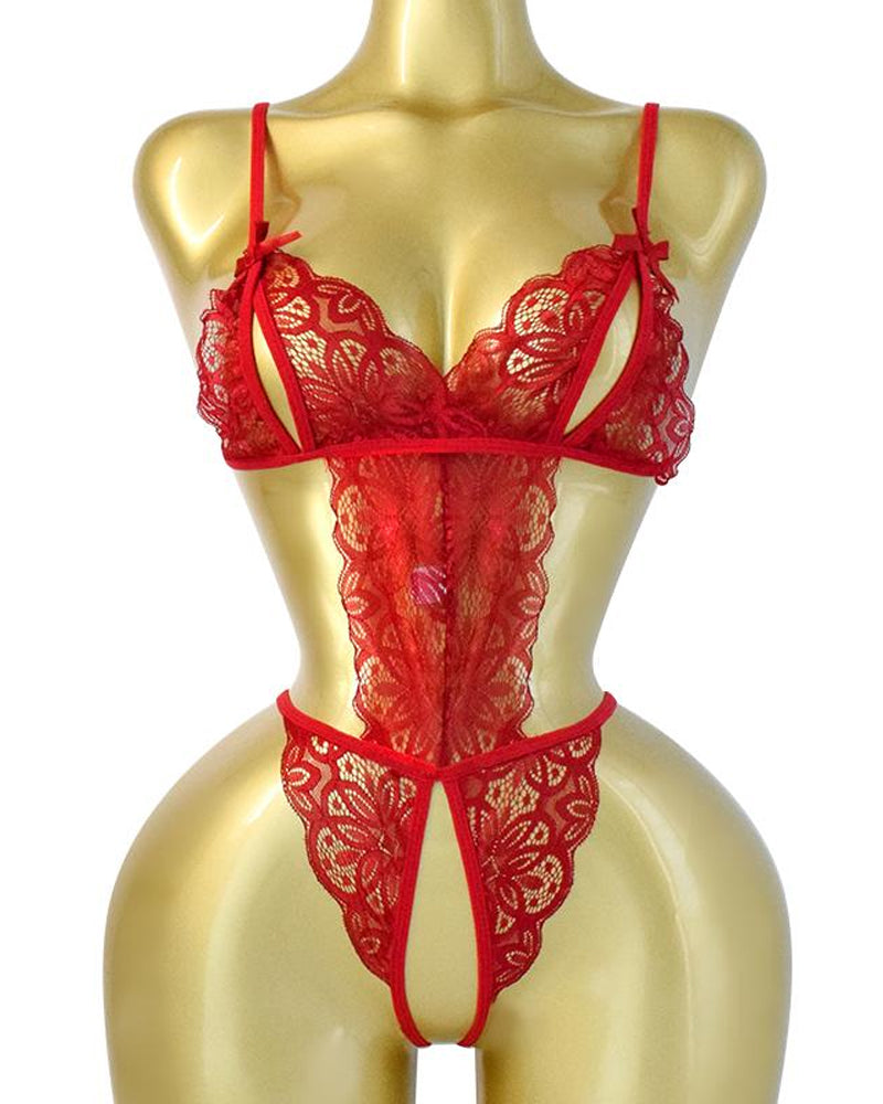 Women's Sexy Hollow Translucent Floral Lace Backless One-Piece Pajamas