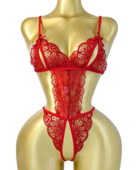 Women's Sexy Hollow Translucent Floral Lace Backless One-Piece Pajamas