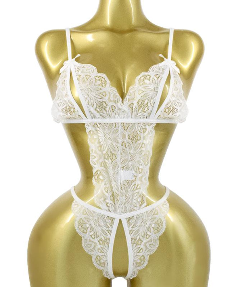 Women's Sexy Hollow Translucent Floral Lace Backless One-Piece Pajamas