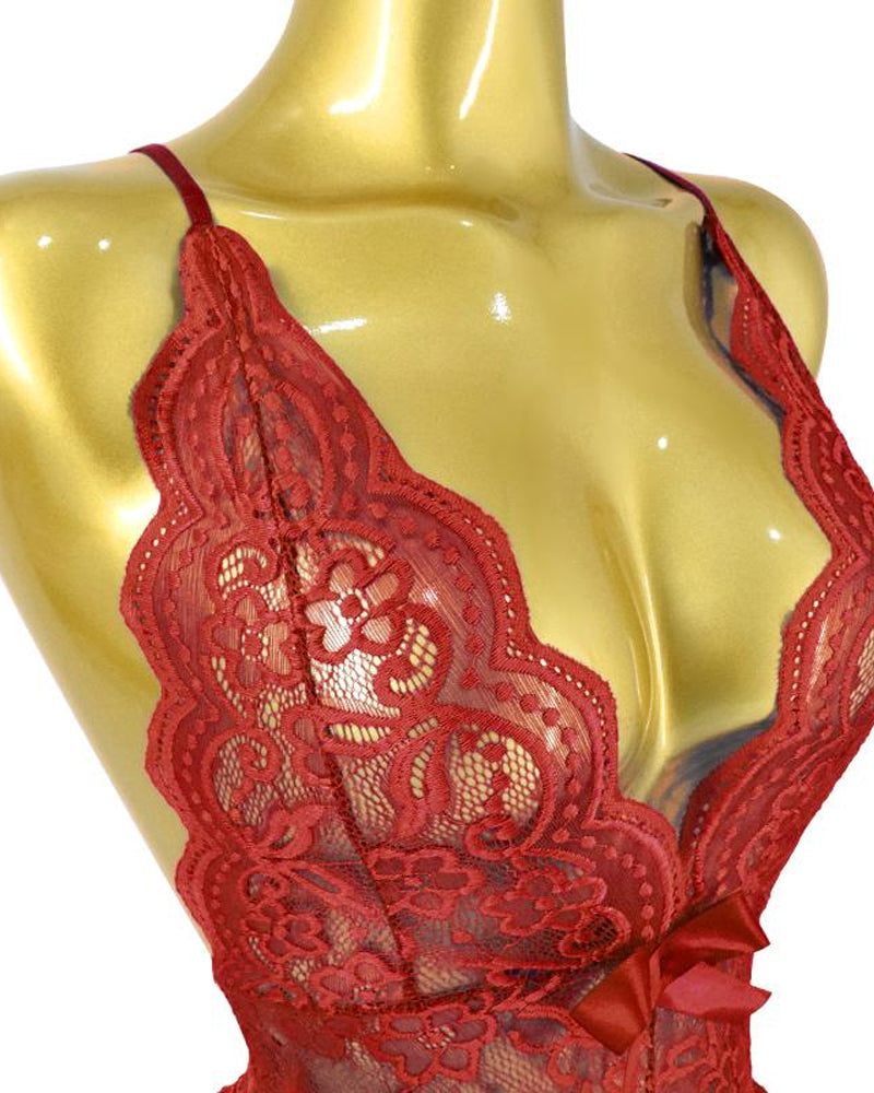 Deep V Sexy Translucent Floral Lace Cross-Back Open Crotch Design One-Piece Pajamas