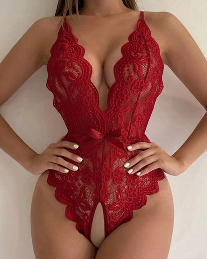 Deep V Sexy Translucent Floral Lace Cross-Back Open Crotch Design One-Piece Pajamas