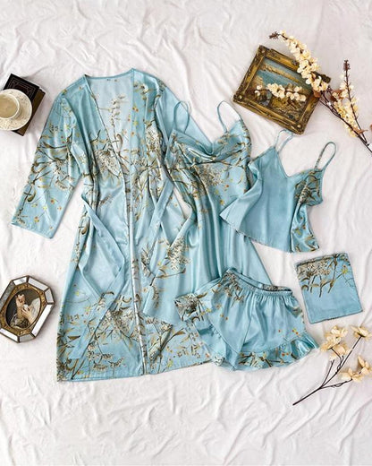 Women's Satin Printed Suspender Top Shorts Suspender Dress Nightgown Home Clothes Five-Piece Set
