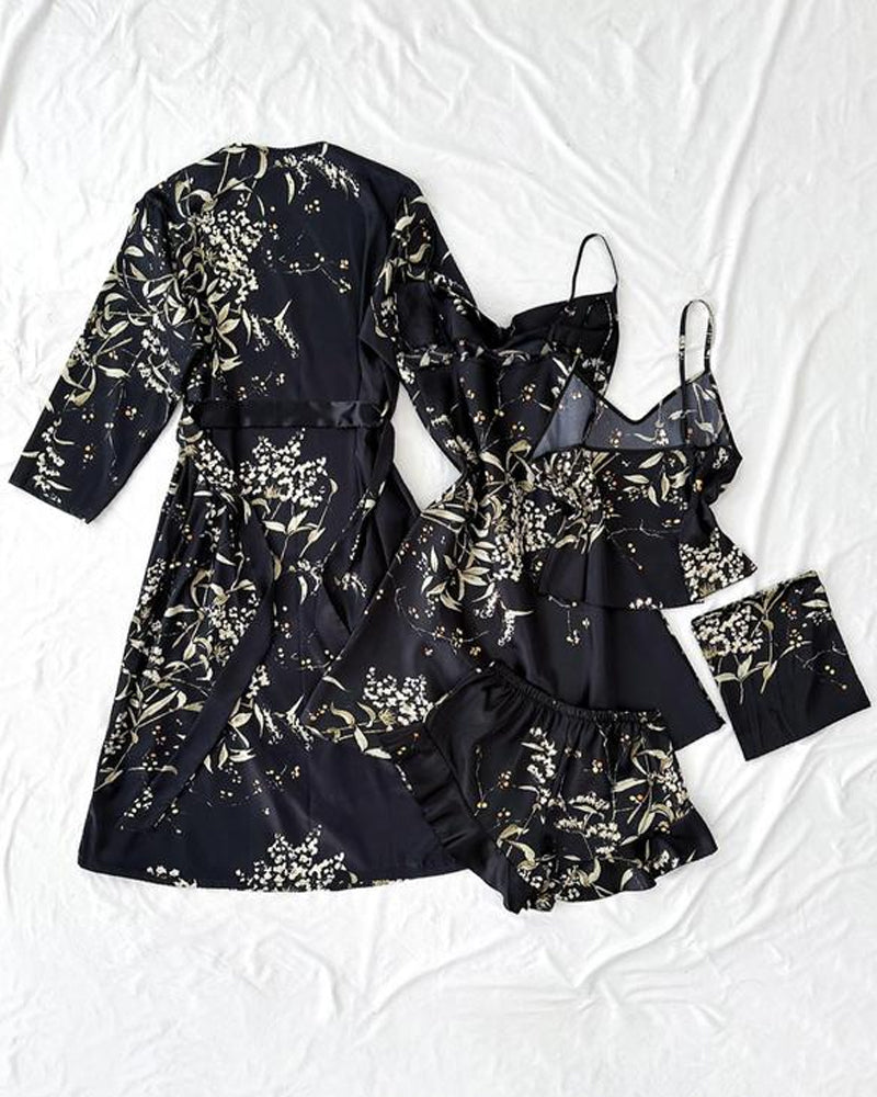 Women's Satin Printed Suspender Top Shorts Suspender Dress Nightgown Home Clothes Five-Piece Set