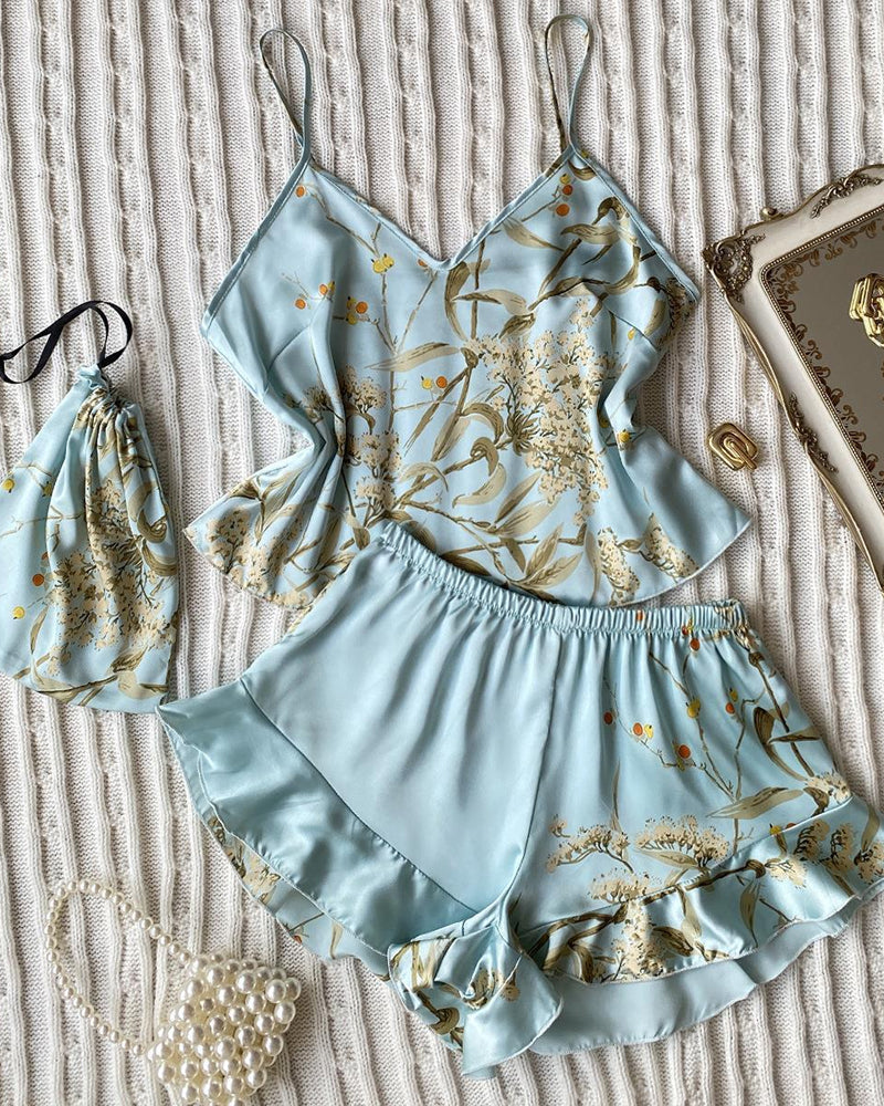 Women's Satin Printed Suspender Top Shorts Suspender Dress Nightgown Home Clothes Five-Piece Set