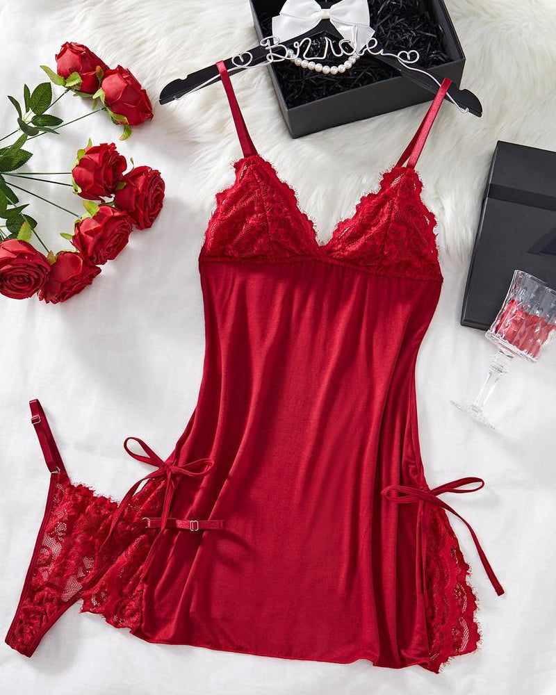 Sexy Bow Decorated Contrast Lace Suspender Nightdress Nightdress and Thong Set
