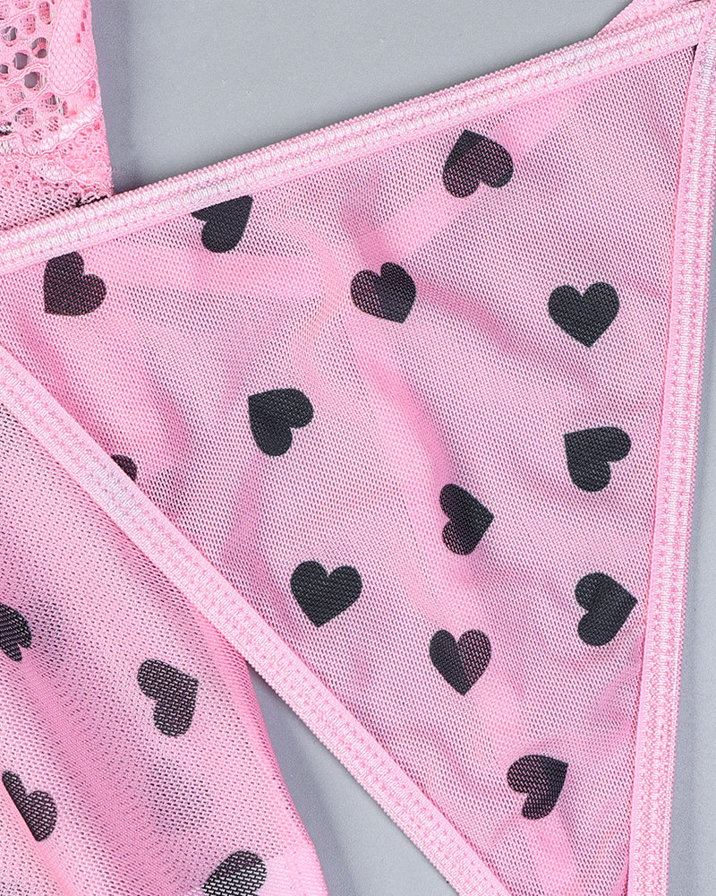 Sexy Lace See-Through Heart Print Camisole Nightdress and Thong Set