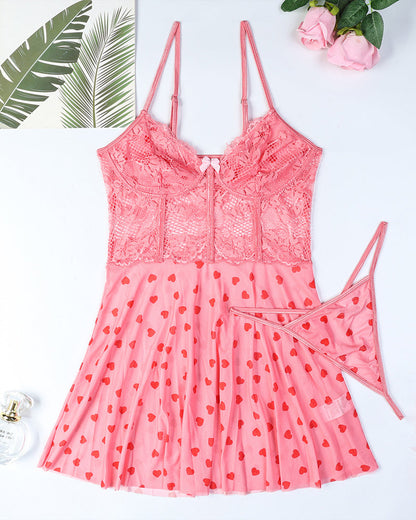 Sexy Lace See-Through Heart Print Camisole Nightdress and Thong Set