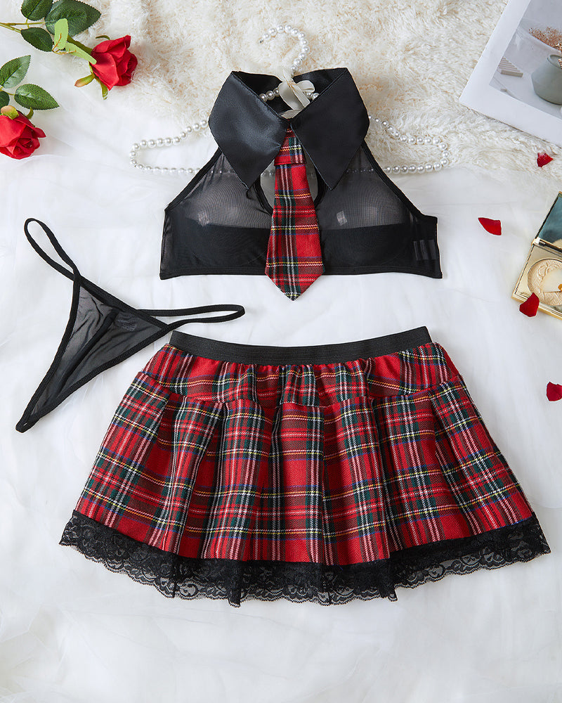 College Style Sexy Cosplay Halter Neck Backless Top and Plaid Skirt Set