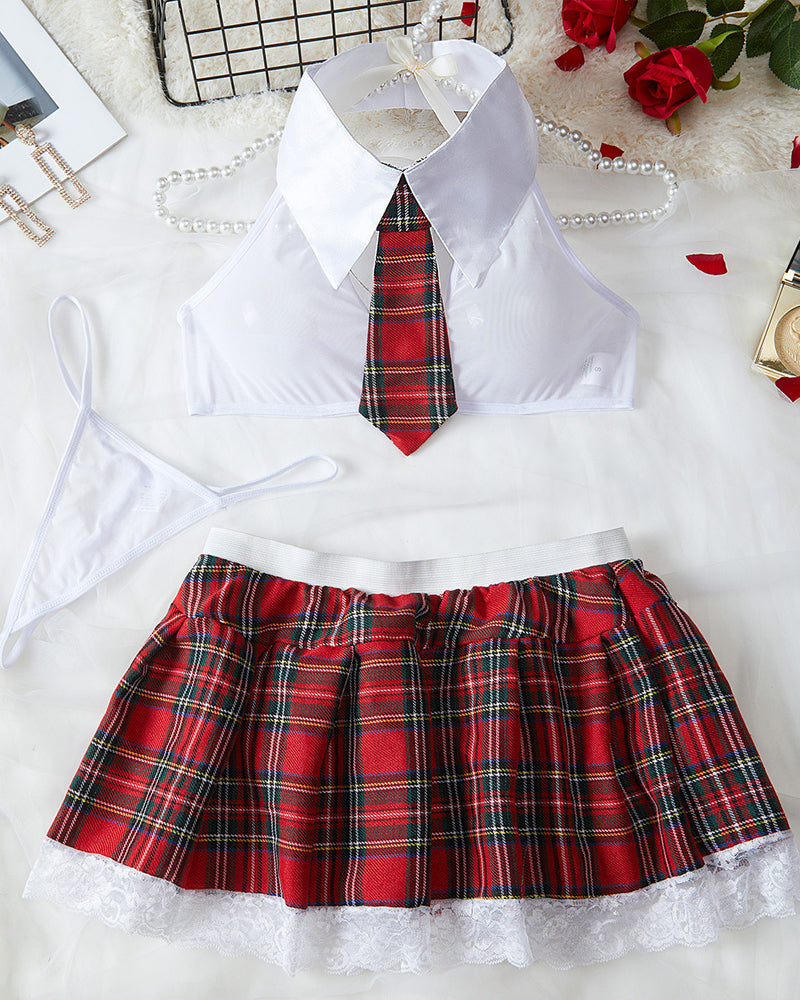 College Style Sexy Cosplay Halter Neck Backless Top and Plaid Skirt Set