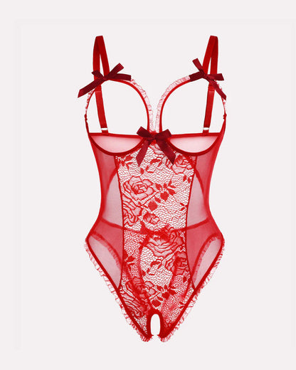 Sexy Flower Lace Mesh Stitching Chest Hollow Open Crotch One-Piece Pajamas