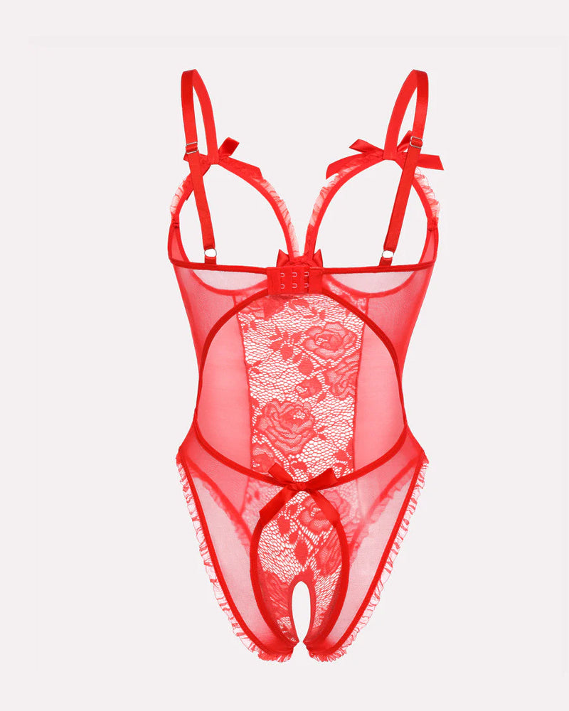 Sexy Flower Lace Mesh Stitching Chest Hollow Open Crotch One-Piece Pajamas