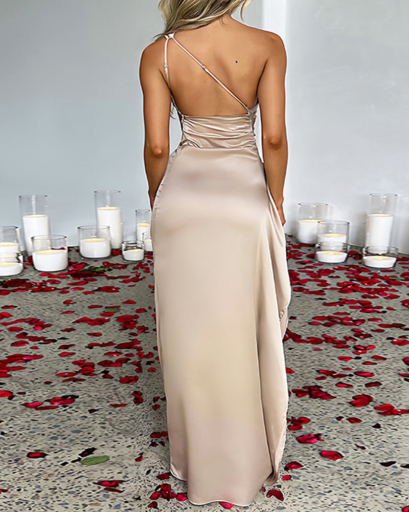 Women's Sexy One Shoulder Satin High Slit Cocktail Wedding Party Long Dress