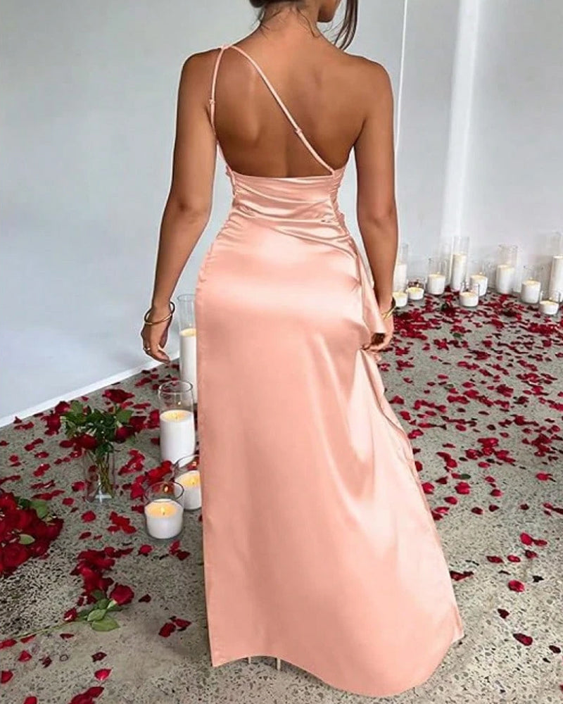 Women's Sexy One Shoulder Satin High Slit Cocktail Wedding Party Long Dress