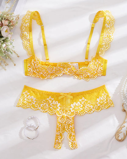 Sexy Lace Mesh Open Crotch Hollow Bra Underwear Set