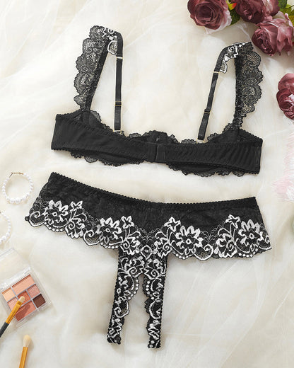 Sexy Lace Mesh Open Crotch Hollow Bra Underwear Set