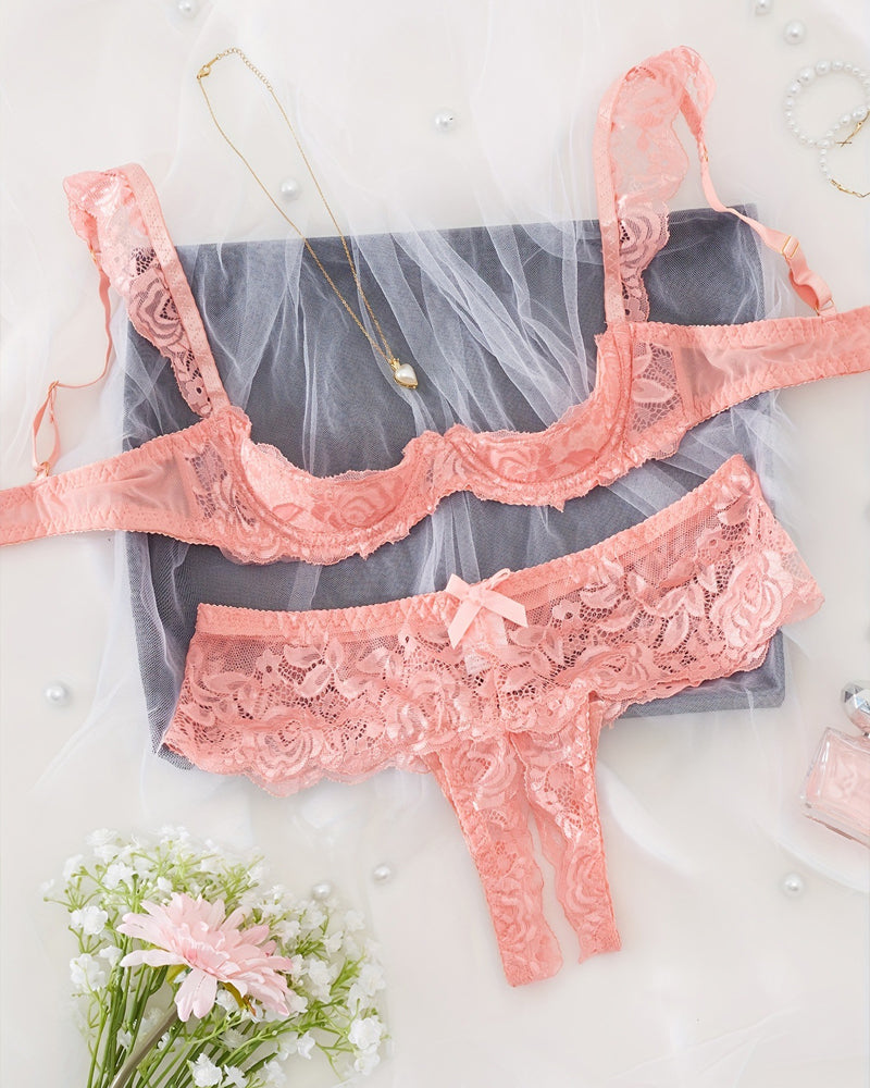 Sexy Lace Mesh Open Crotch Hollow Bra Underwear Set