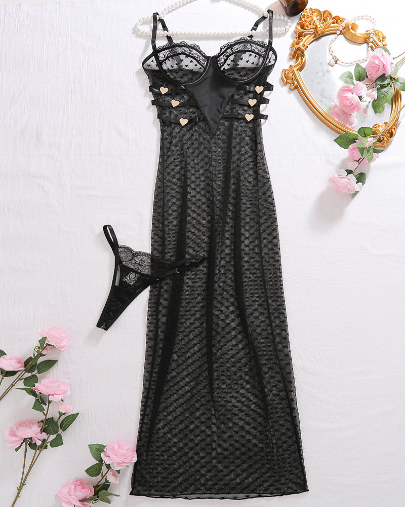 Sexy Lace Long See-Through Suspender Dress Set