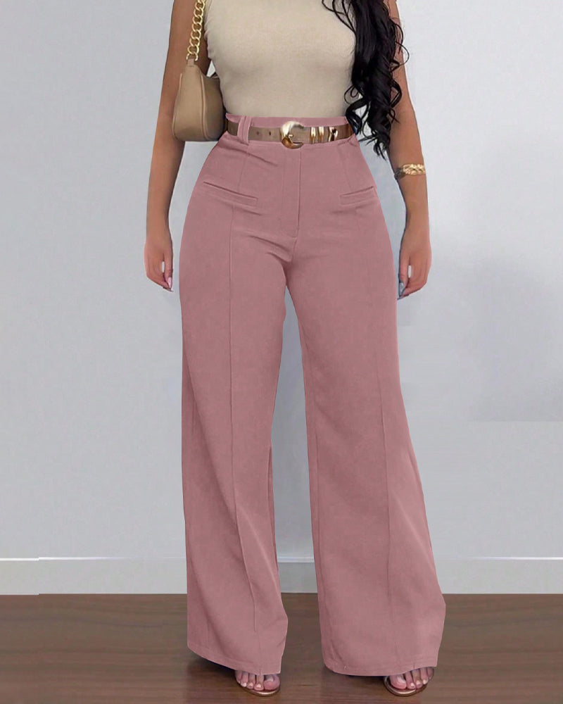 Casual High Waist Solid Color Pocket Wide Leg Pants