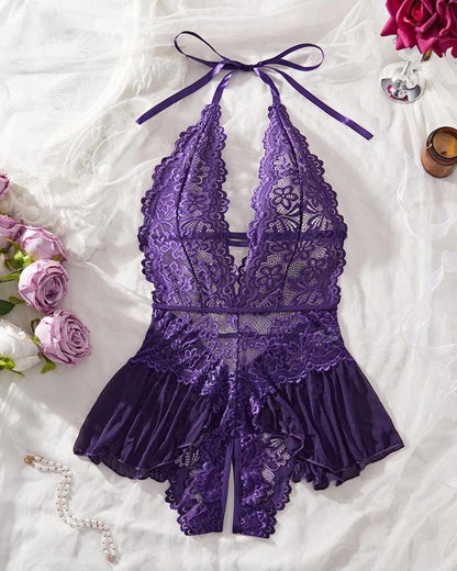 Sexy Hollow Lace See-through Suspenders Open Crotch One-piece Pajamas