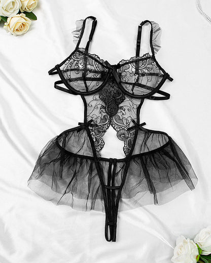 Sexy Lace Mesh Open Crotch Hollow Back One-piece Pajamas