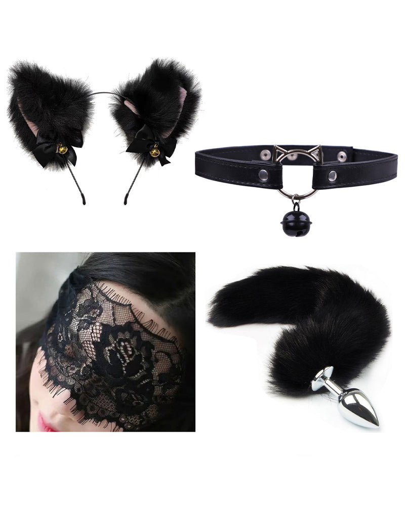 Sexy Bell Collar Tail Jewelry Maid Costume Headdress Neck Accessory Props Set