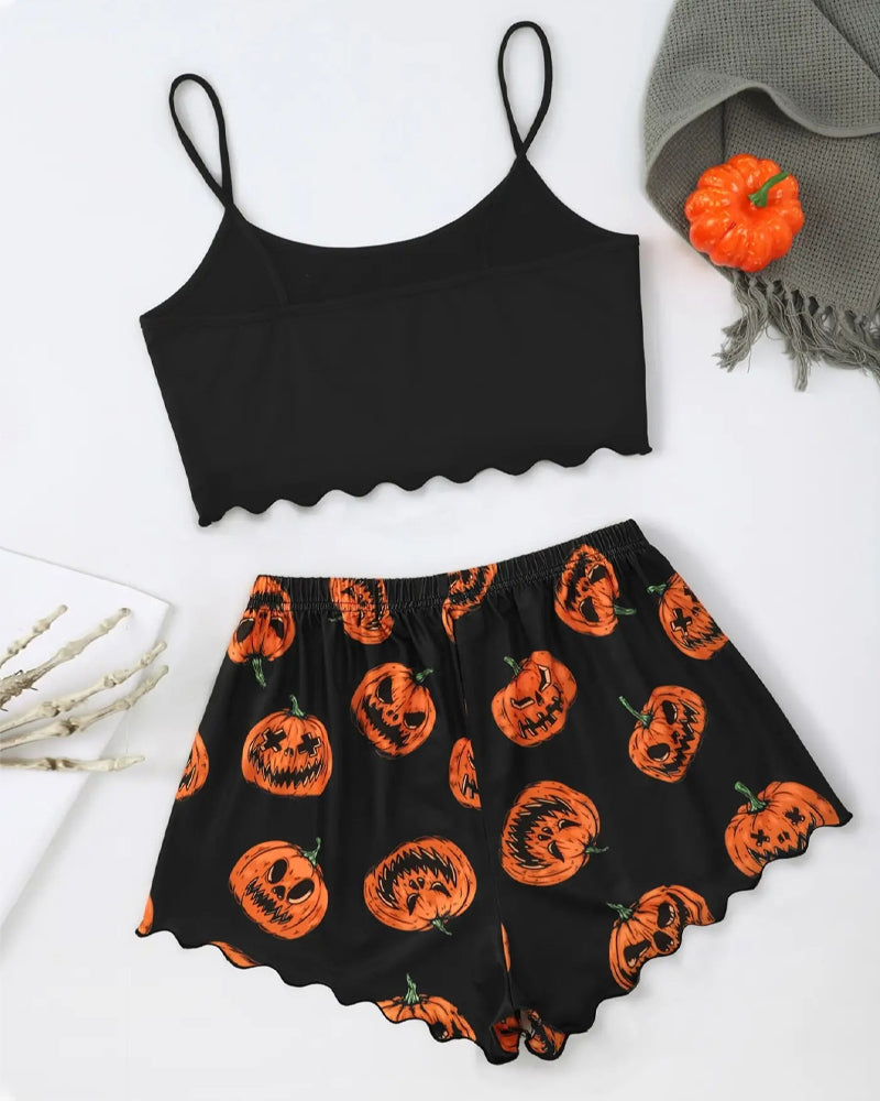 Halloween Fun Print Sleeveless Tank Top and Shorts Loungewear Set