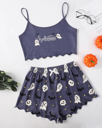 Halloween Fun Print Sleeveless Tank Top and Shorts Loungewear Set