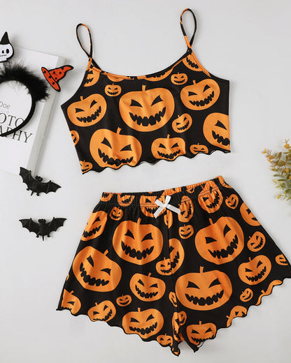 Halloween Fun Print Sleeveless Tank Top and Shorts Loungewear Set