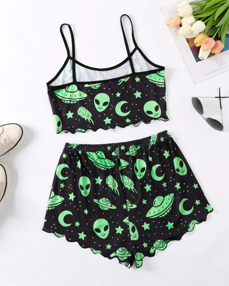 Halloween Fun Print Sleeveless Tank Top and Shorts Loungewear Set