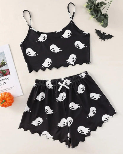 Halloween Fun Print Sleeveless Tank Top and Shorts Loungewear Set