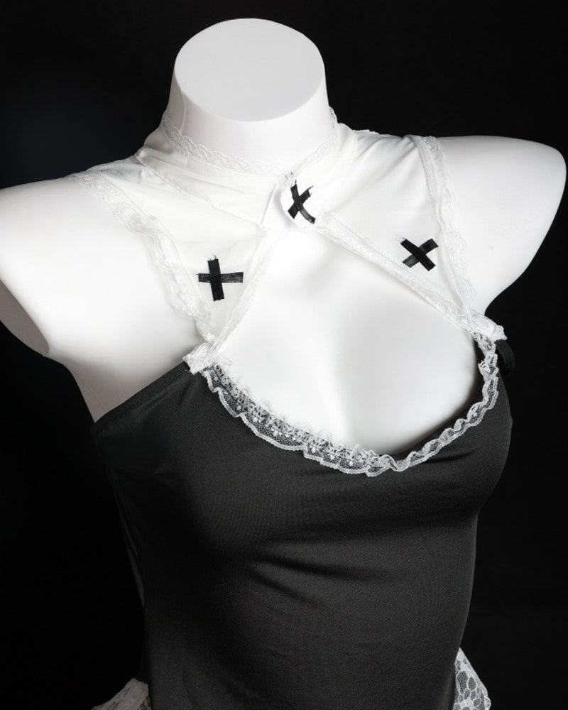 Halloween Sexy Nun Costume Role Play Hollow Slit Long Dress with Stockings Set