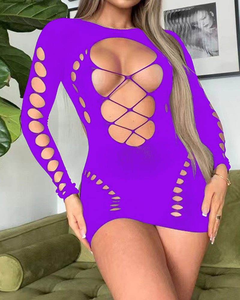 Sexy Fishnet Long-sleeved Backless Hollow Stretch Hip Dress