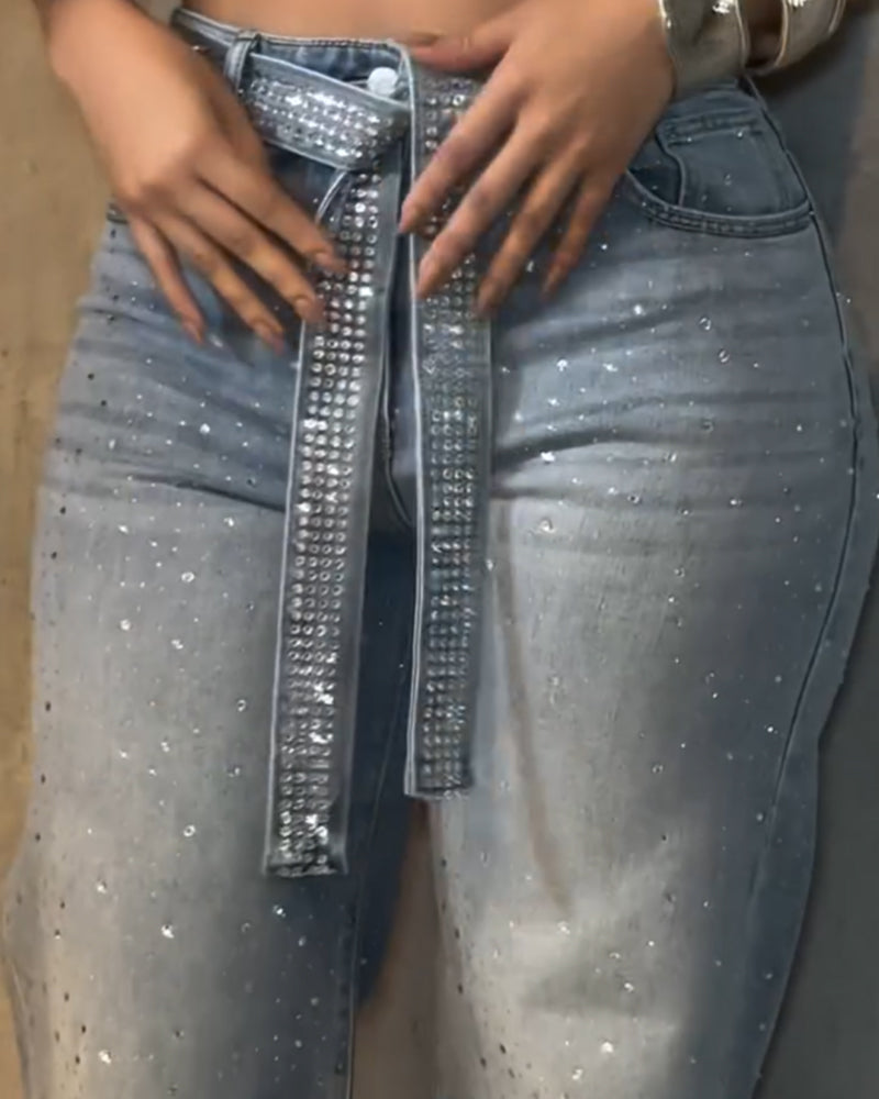 Diamond-Studded Vintage Washed Ribbon Straight-Leg Jeans