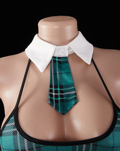 Sexy Cosplay Plaid Hollow Bodysuit Set