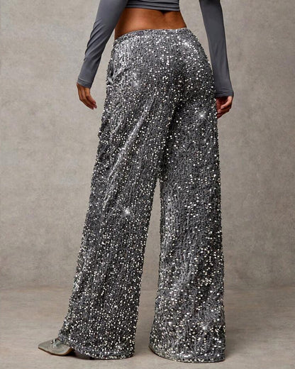 Women's Sequined Velvet Drawstring Loose Wide-Leg Straight Pants