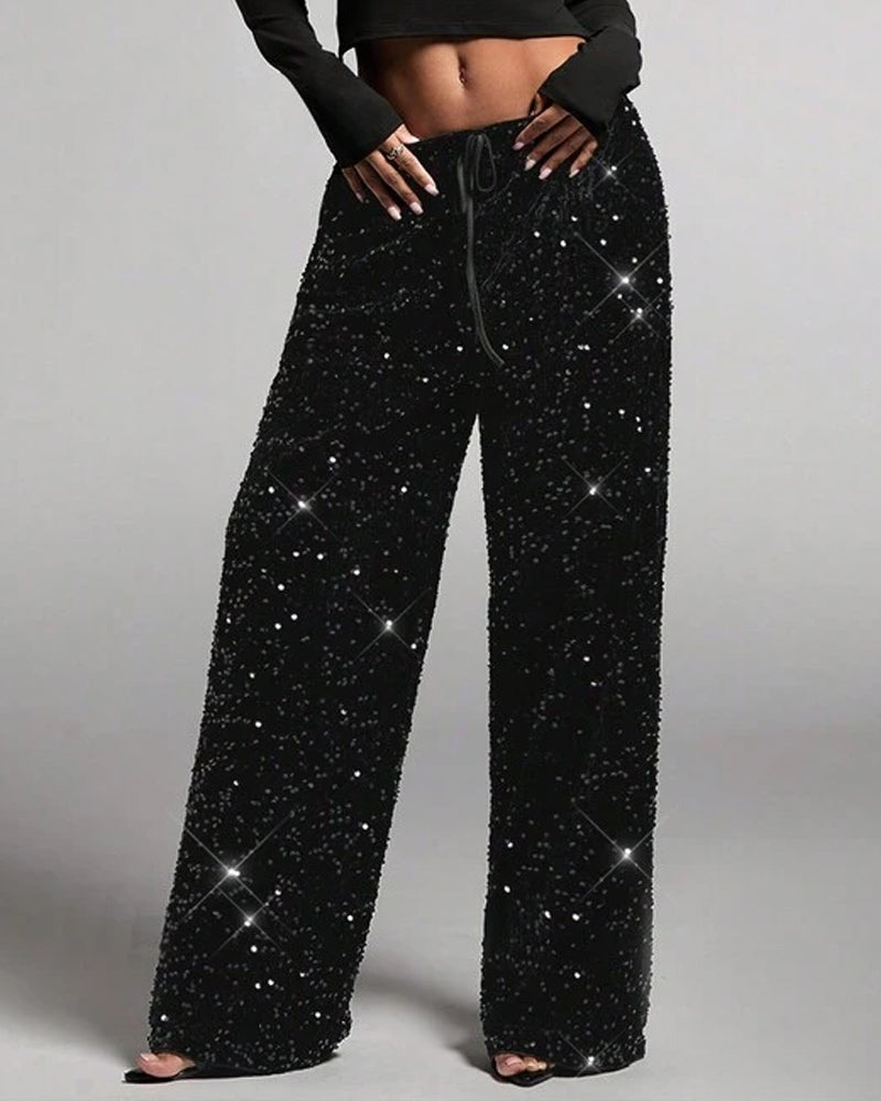 Women's Sequined Velvet Drawstring Loose Wide-Leg Straight Pants