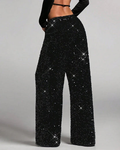 Women's Sequined Velvet Drawstring Loose Wide-Leg Straight Pants