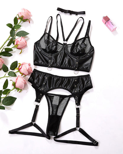 Sexy PU Leather Fishnet See-through Pajamas Set