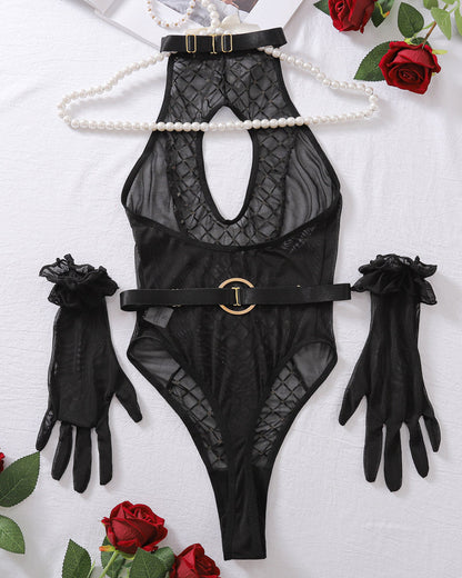 Diamond Print Mesh Splicing Hollow Halter Neck Sexy Bodysuit
