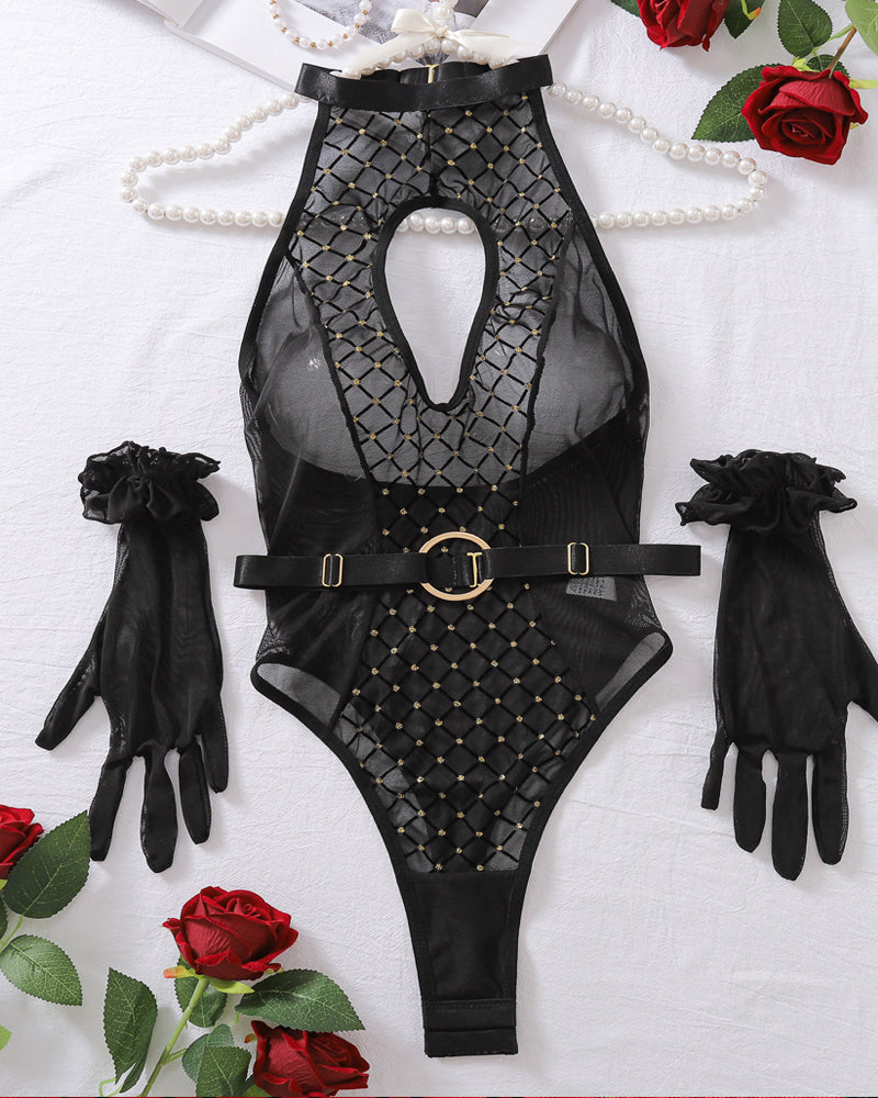 Diamond Print Mesh Splicing Hollow Halter Neck Sexy Bodysuit