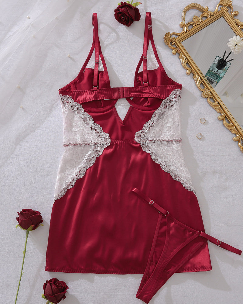 Sexy Slim-fitting Erotic Hollow Lace Splicing Nightdress