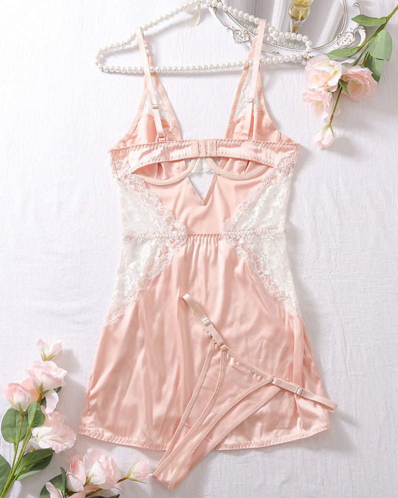 Sexy Slim-fitting Erotic Hollow Lace Splicing Nightdress