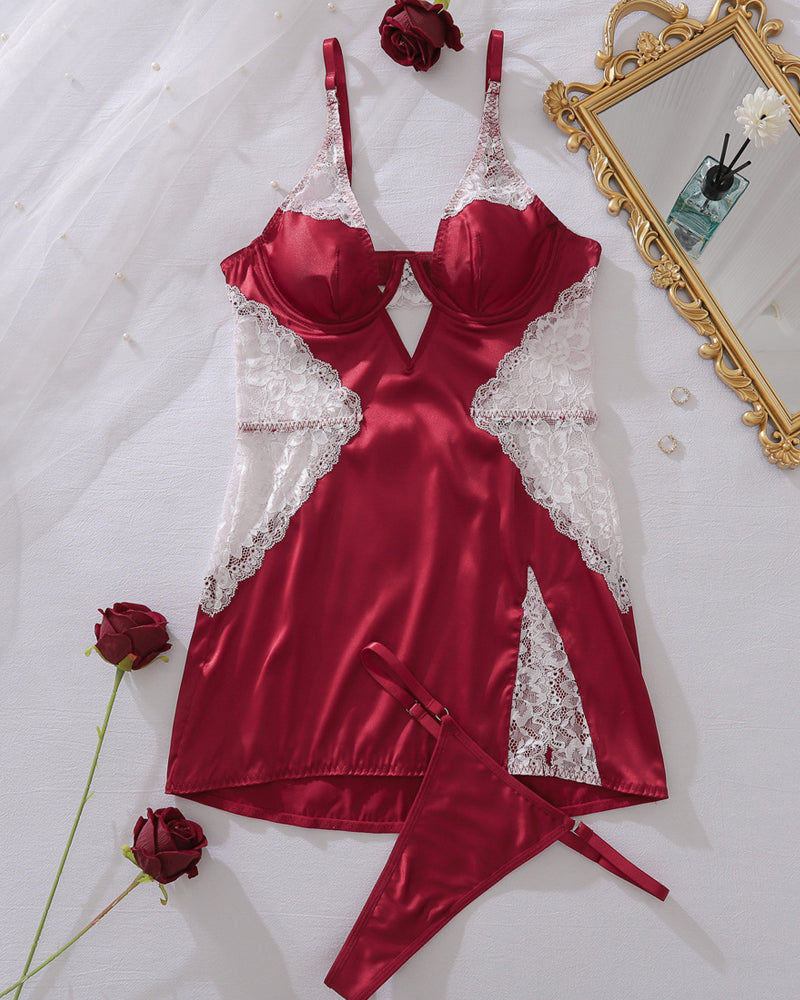Sexy Slim-fitting Erotic Hollow Lace Splicing Nightdress