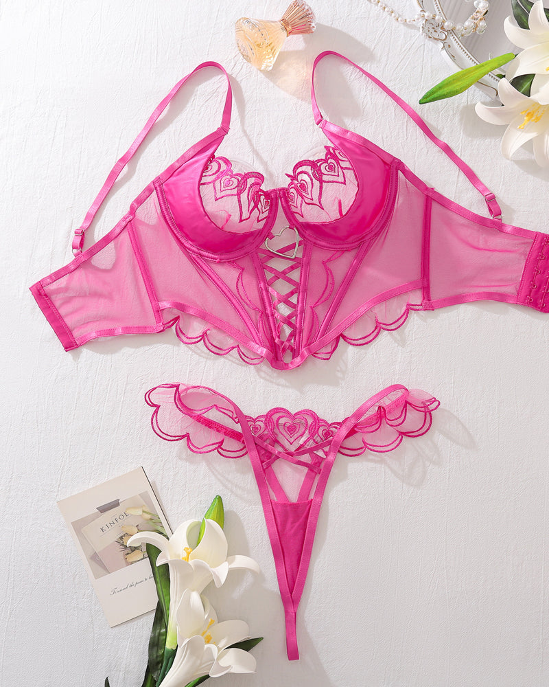 Heart Embroidered See-Through Cross Strap Sexy Shaping Underwear Set