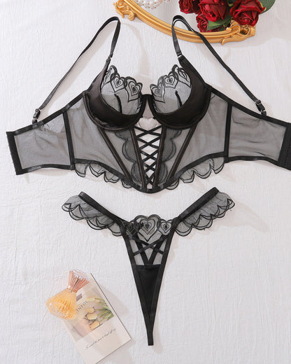 Heart Embroidered See-Through Cross Strap Sexy Shaping Underwear Set