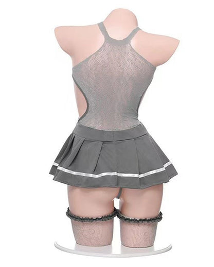 Sexy Schoolgirl Uniform Fishnet Pleated Skirt Pajamas with Stockings Set